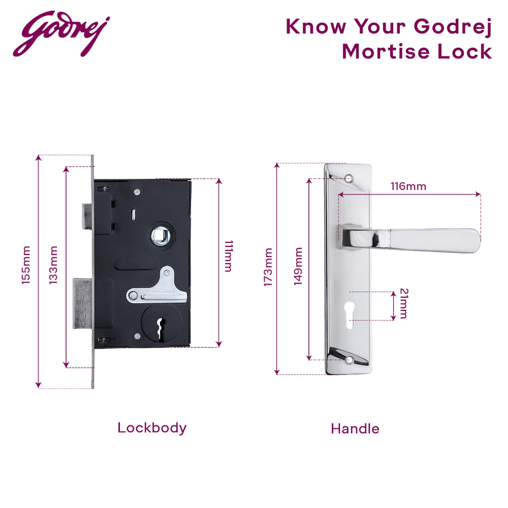 Godrej Mortise Lock|Handle Lock Set for Main and Internal Door I Eco Pin Cylinder|7 Inch Lockbody|ELC 04 6-Lever Zinc Alloy|3 Keys Isilver Finish|5Yr Warranty